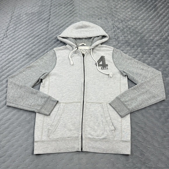 Abercrombie & Fitch Hoodie Mens Medium White Gray Muscle Full Zip Sweatshirt Y2K - Picture 1 of 14